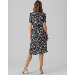 Robe longue Regular Fit Imprimé all over Col en V Manches courtes Au-dessus du genou noir