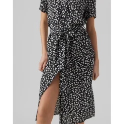 Robe longue Regular Fit Imprimé all over Col en V Manches courtes Au-dessus du genou noir