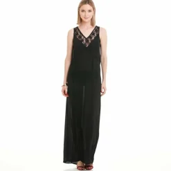 Robe longue sans manches dentelle et galon ajouré femme - Noir