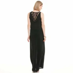 Robe longue sans manches dentelle et galon ajouré femme - Noir