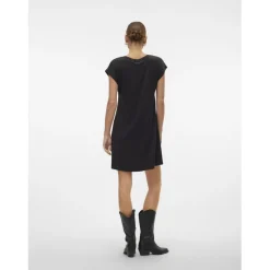 Robe longueur mini col rond manches courtes noir Isa en coton