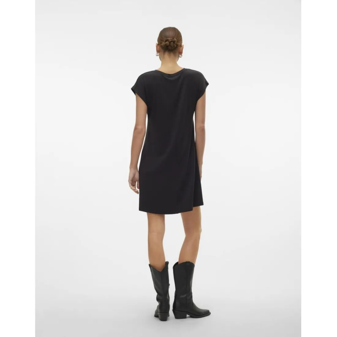 Robe longueur mini col rond manches courtes noir Isa en coton