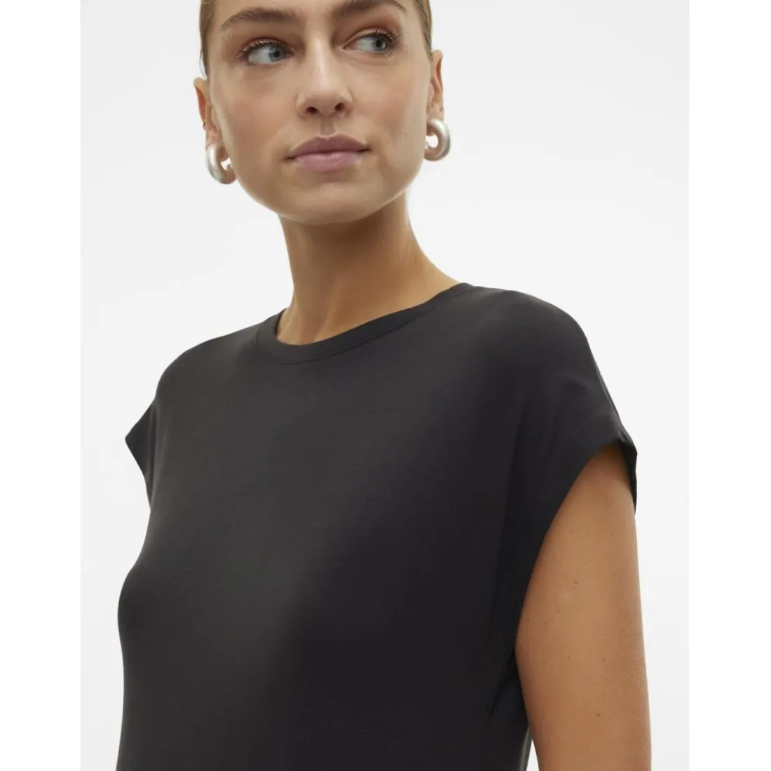 Robe longueur mini col rond manches courtes noir Isa en coton
