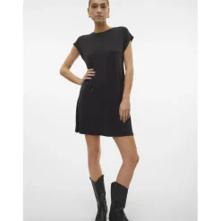 Robe longueur mini col rond manches courtes noir Isa en coton