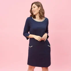 Robe manches 3/4 col rond et poches avec perles fantaisie grandes tailles femme - Bleu Marine