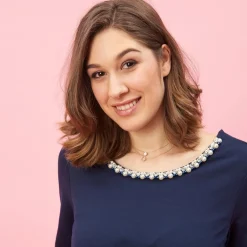 Robe manches 3/4 col rond et poches avec perles fantaisie grandes tailles femme - Bleu Marine