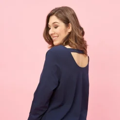 Robe manches 3/4 col rond et poches avec perles fantaisie grandes tailles femme - Bleu Marine