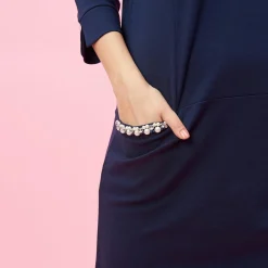 Robe manches 3/4 col rond et poches avec perles fantaisie grandes tailles femme - Bleu Marine