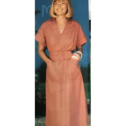 Robe manches courtes ceinturée en popeline kaki Catherine Réédition