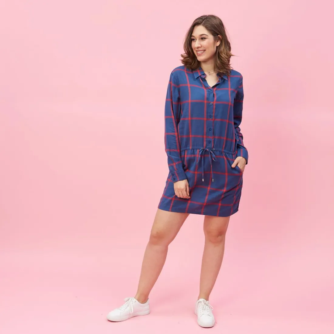 Robe-chemise manches longues ceinture à nouer à carreaux grandes taille femme - Carreaux Rouge bleu en coton