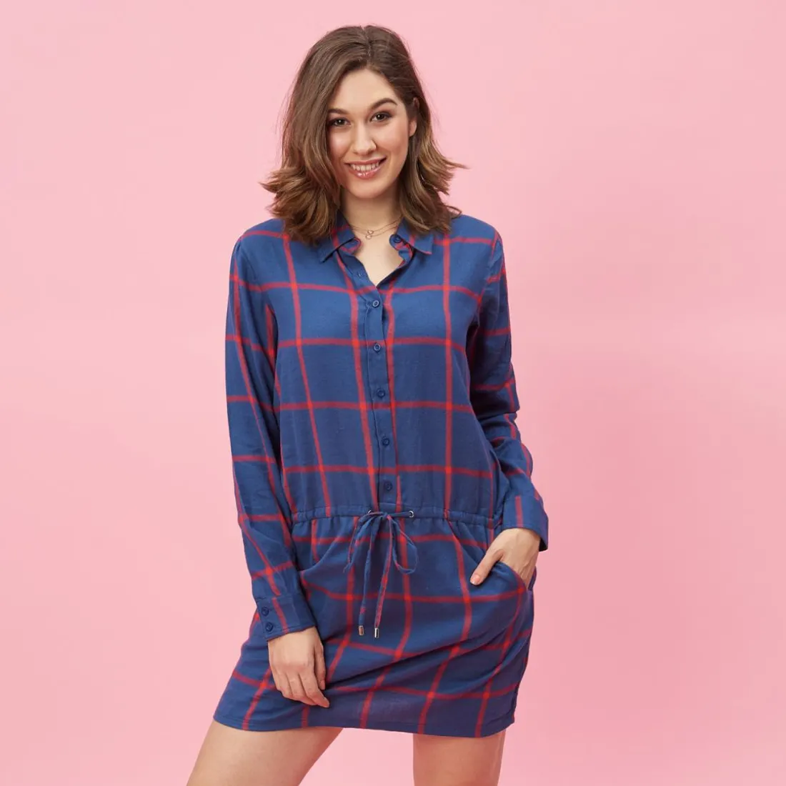 Robe-chemise manches longues ceinture à nouer à carreaux grandes taille femme - Carreaux Rouge bleu en coton
