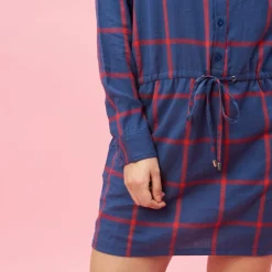 Robe-chemise manches longues ceinture à nouer à carreaux grandes taille femme - Carreaux Rouge bleu en coton