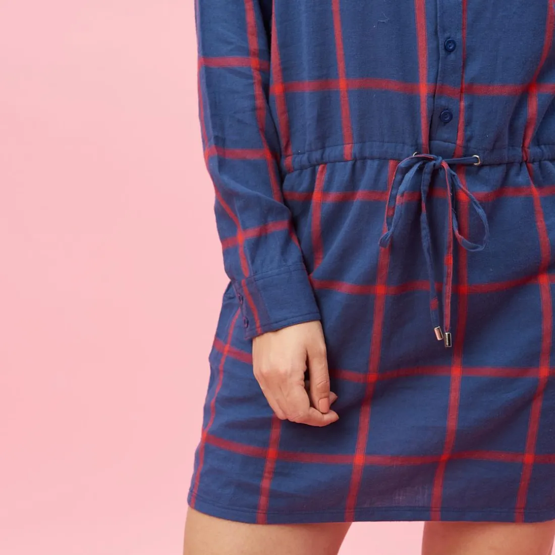 Robe-chemise manches longues ceinture à nouer à carreaux grandes taille femme - Carreaux Rouge bleu en coton