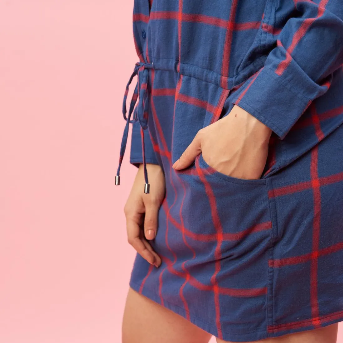 Robe-chemise manches longues ceinture à nouer à carreaux grandes taille femme - Carreaux Rouge bleu en coton