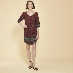 Robe-tunique col caftan avec dentelle manches 3/4 élastiquées femme - Grenat violet