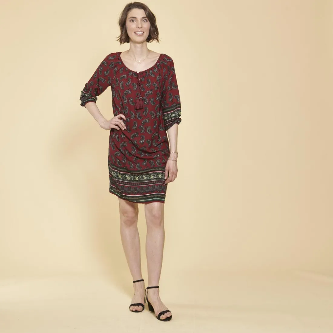 Robe-tunique col caftan avec dentelle manches 3/4 élastiquées femme - Grenat violet