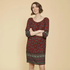 Robe-tunique col caftan avec dentelle manches 3/4 élastiquées femme - Grenat violet