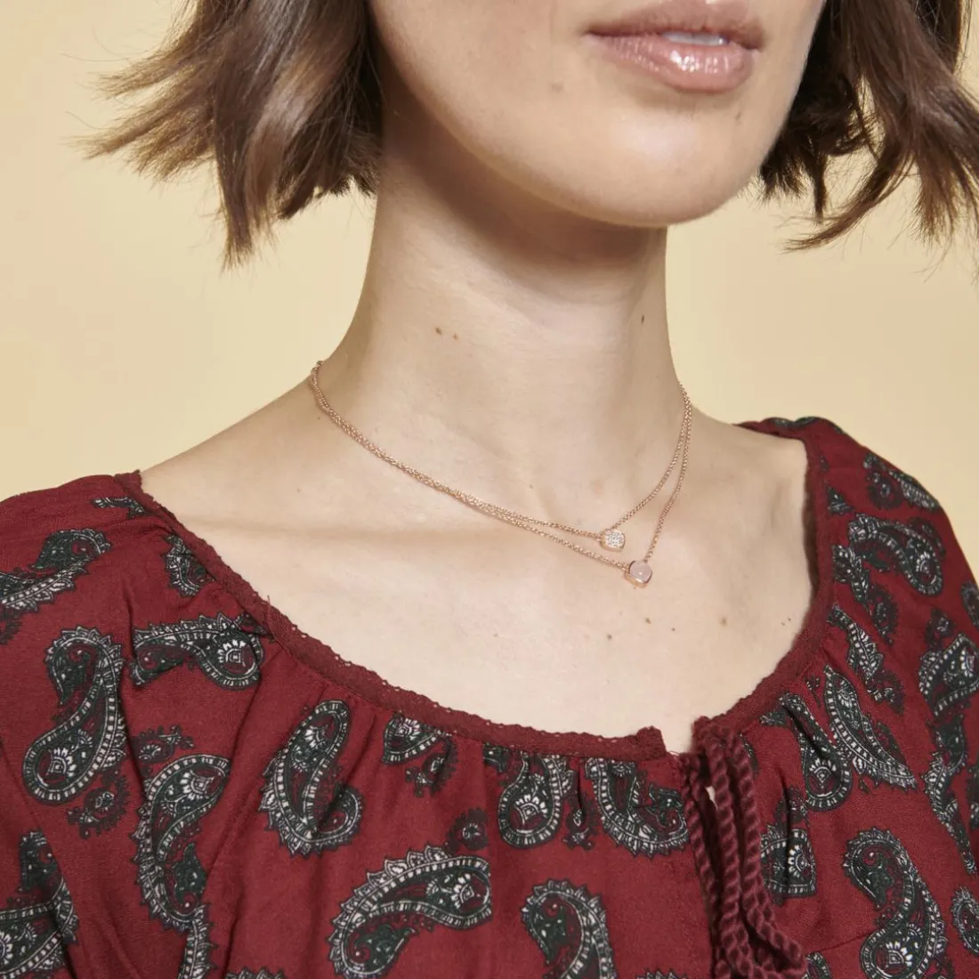 Robe-tunique col caftan avec dentelle manches 3/4 élastiquées femme - Grenat violet