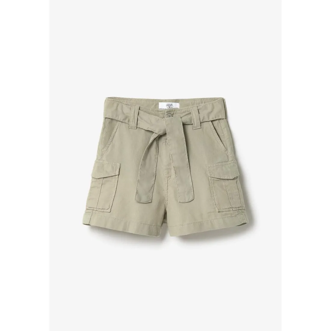 Short fille taille haute Kally kaki clair blanc en coton