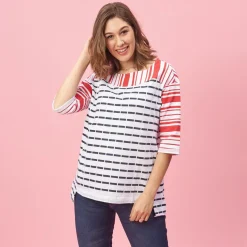Sweat manches 3/4 rayé asymétrique femme - Rouge blanc en viscose