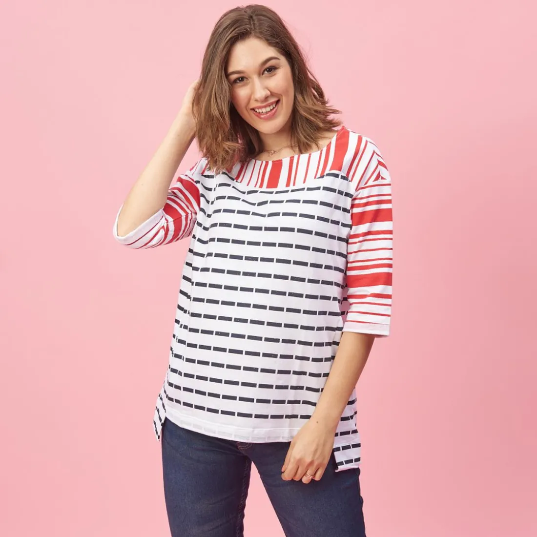 Sweat manches 3/4 rayé asymétrique femme - Rouge blanc en viscose