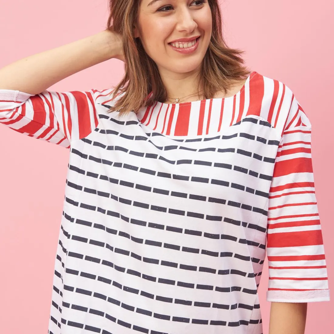Sweat manches 3/4 rayé asymétrique femme - Rouge blanc en viscose