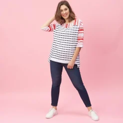 Sweat manches 3/4 rayé asymétrique femme - Rouge blanc en viscose