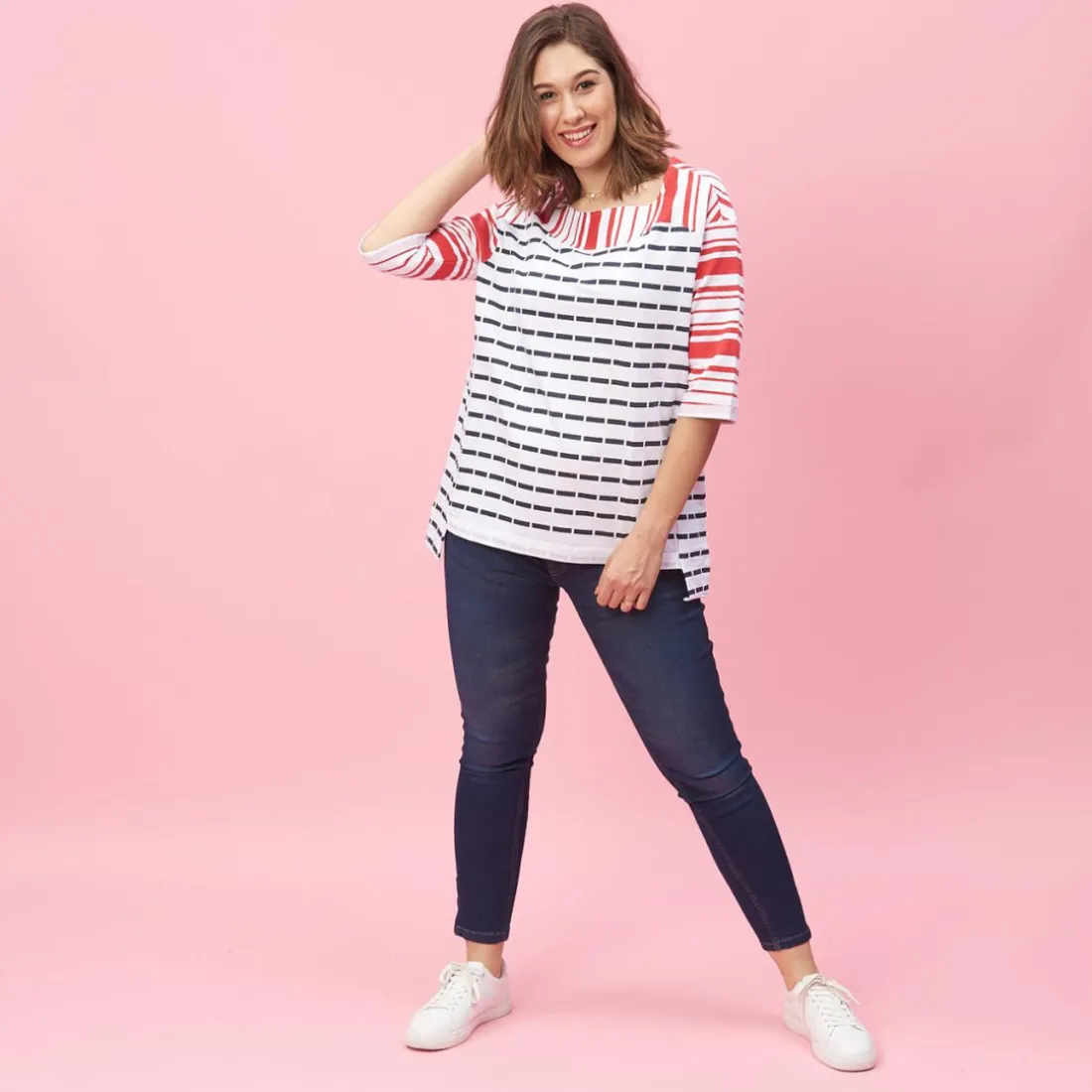 Sweat manches 3/4 rayé asymétrique femme - Rouge blanc en viscose