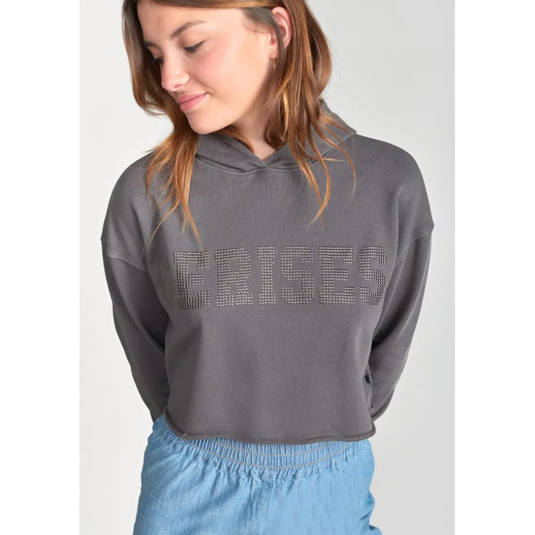 Sweat-Shirt fille capuche JAINEGI anthracite en coton