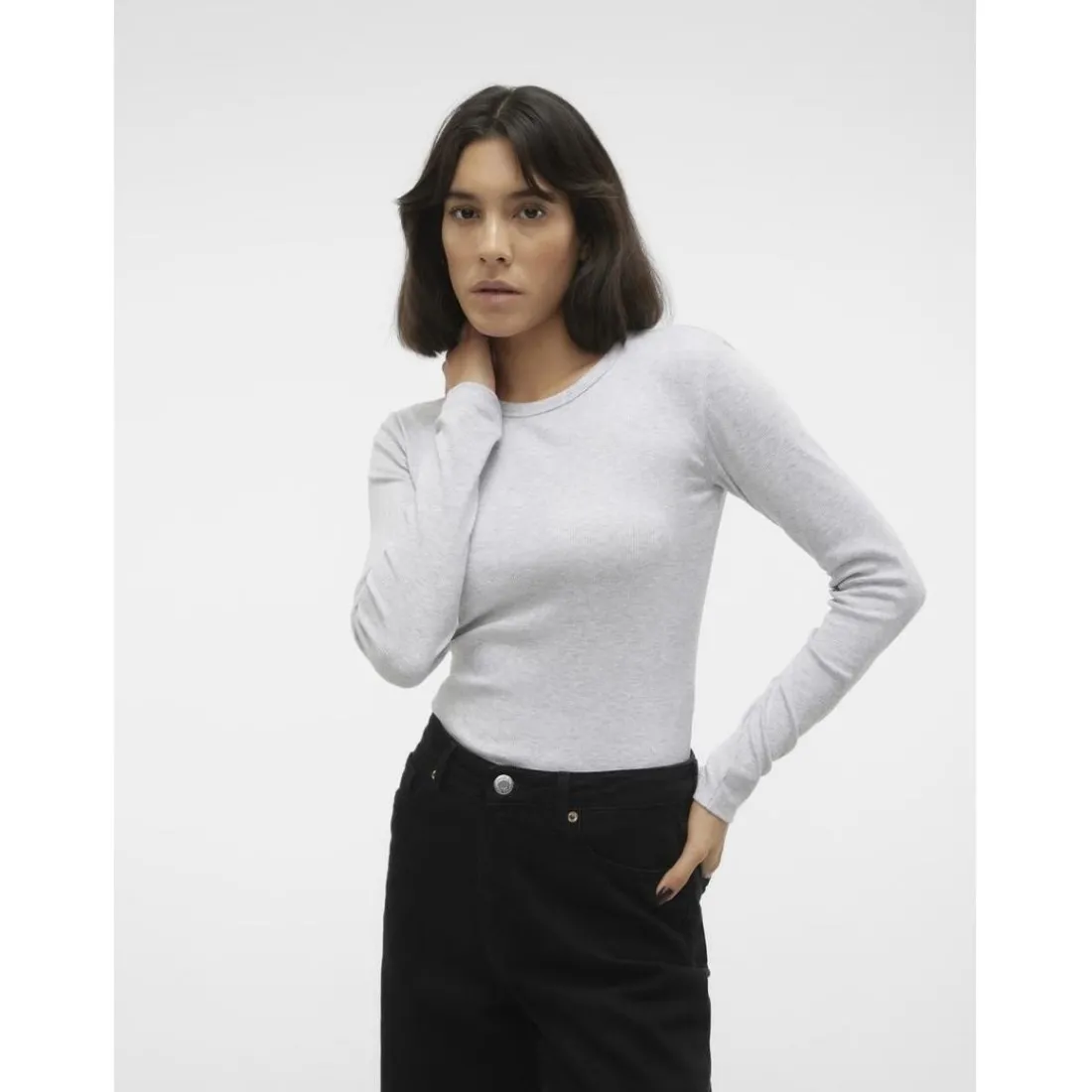 Tee shirt manches longues et col rond en coton gris Cléo