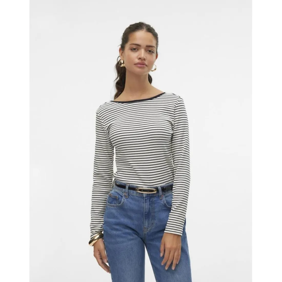 Tee shirt manches longues à rayures blanc en coton Tara