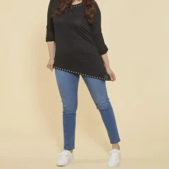 Tee-shirt asymértrique en pointe manches longues et punaises grandes tailles femme - Noir