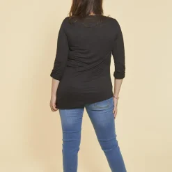 Tee-shirt asymértrique en pointe manches longues et punaises grandes tailles femme - Noir