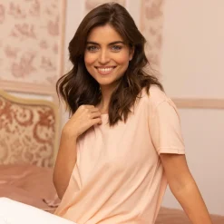 Tee-shirt asymétrique fendu manches courtes femme - Chair beige en coton