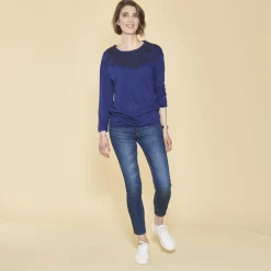 Tee-shirt bas et manches longues élastiqués dentelle imprimée femme - Bleu Dur en coton