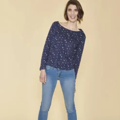 Tee-shirt carré imprimé manches longues femme - Bleu Marine en coton