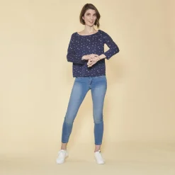 Tee-shirt carré imprimé manches longues femme - Bleu Marine en coton