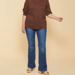 Tee-shirt col bateau manches 3/4 avec poignets et plis grandes tailles femme - Marron en coton