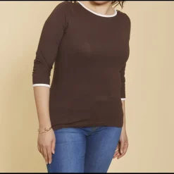 Tee-shirt col bateau manches longues biais contrastés et pressions femme - Marron Foncé en coton