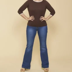 Tee-shirt col bateau manches longues biais contrastés et pressions femme - Marron Foncé en coton