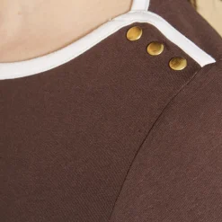 Tee-shirt col bateau manches longues biais contrastés et pressions femme - Marron Foncé en coton