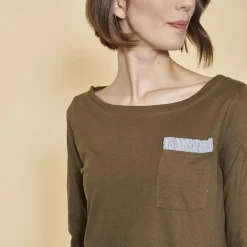 Tee-shirt col bateau manches longues bas volanté contrasté femme - Kaki vert