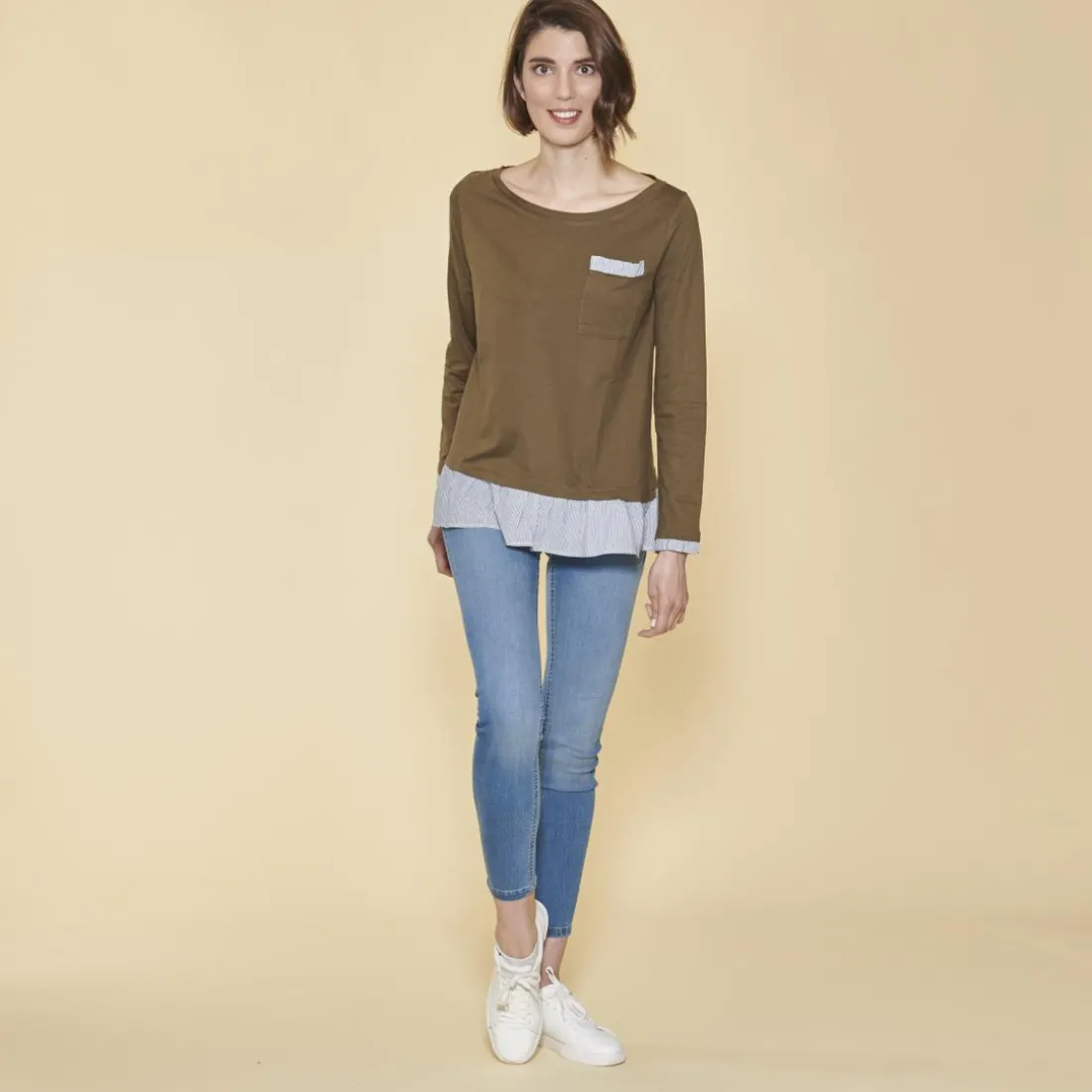 Tee-shirt col bateau manches longues bas volanté contrasté femme - Kaki vert