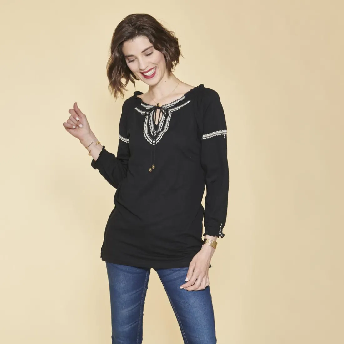 Tee-shirt col caftan manches 3/4 nid d'abeille et imprimé femme - Noir en coton