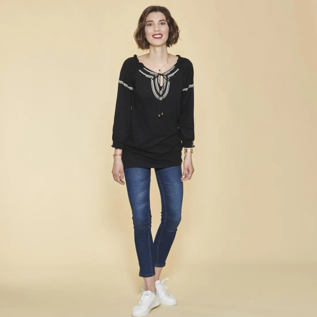 Tee-shirt col caftan manches 3/4 nid d'abeille et imprimé femme - Noir en coton