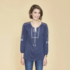 Tee-shirt col caftan manches longues élastiquées avec pompons femme - Bleu Indigo en coton