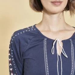 Tee-shirt col caftan manches longues élastiquées avec pompons femme - Bleu Indigo en coton