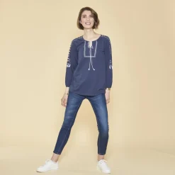 Tee-shirt col caftan manches longues élastiquées avec pompons femme - Bleu Indigo en coton
