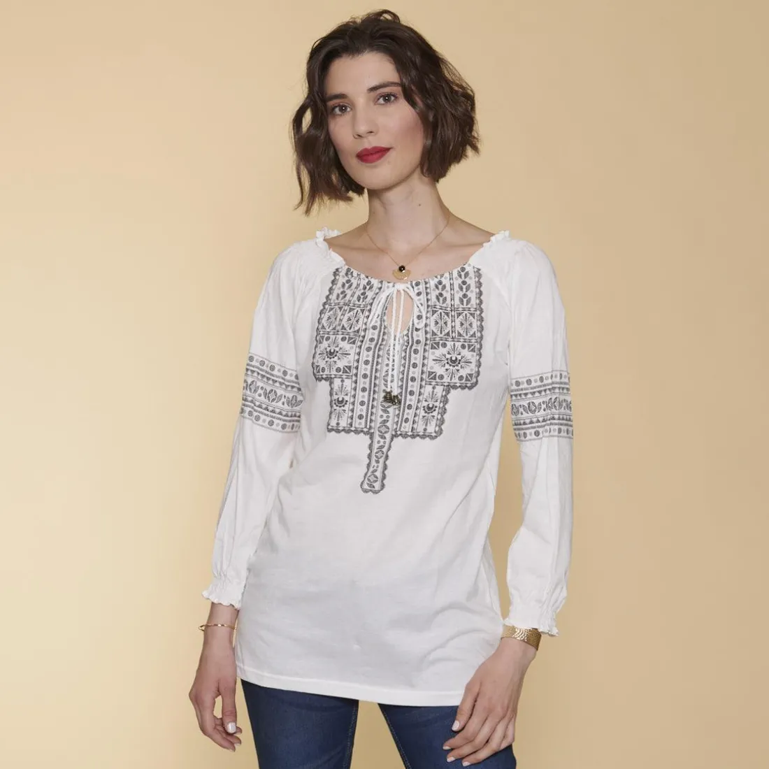 Tee-shirt col caftan manches 3/4 nid d'abeille et imprimé femme - écru blanc en coton