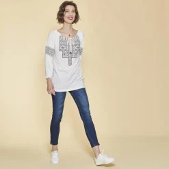 Tee-shirt col caftan manches 3/4 nid d'abeille et imprimé femme - écru blanc en coton